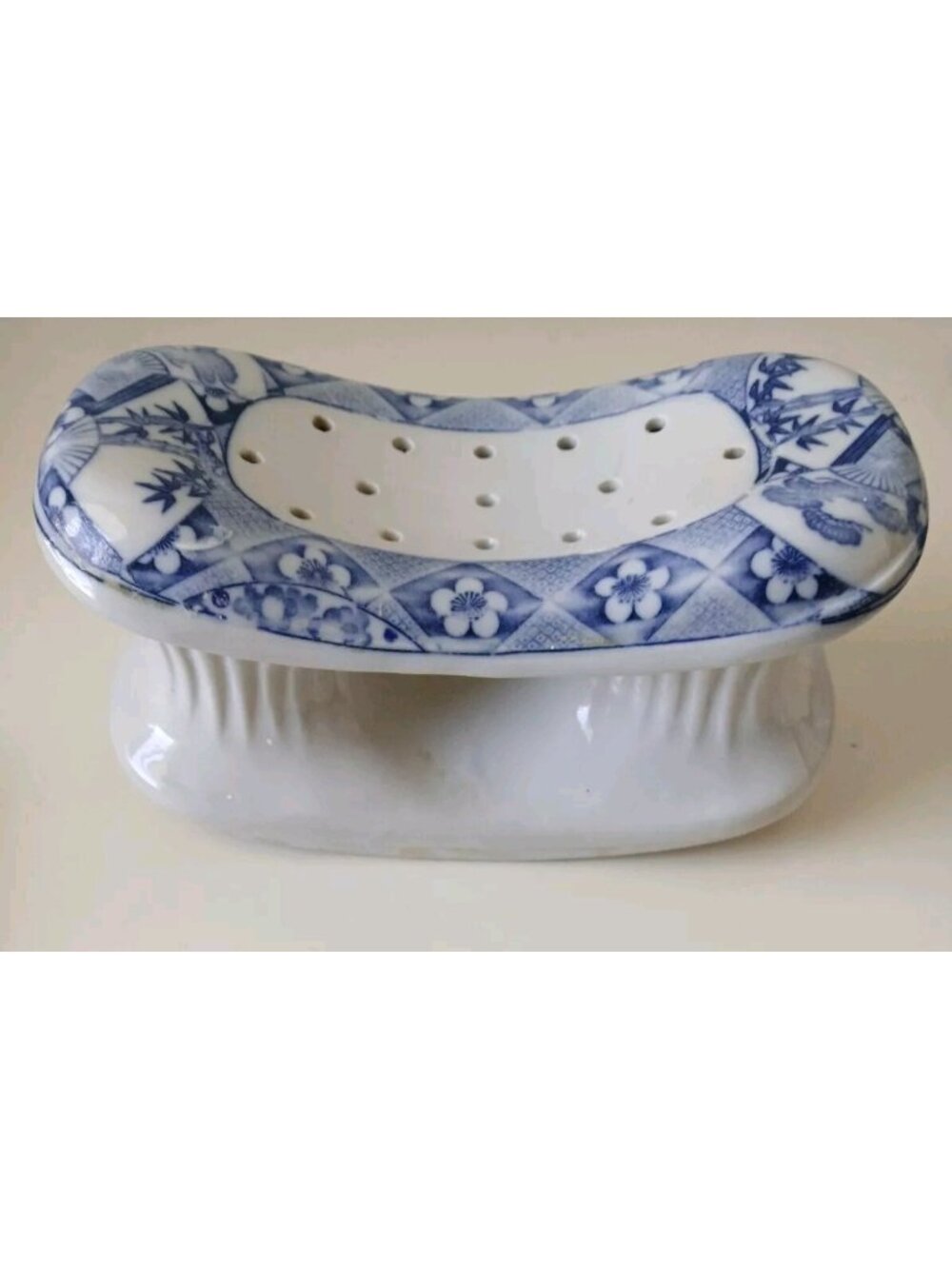 Blue White Porcelain Pillow Headrest Sometsuke Bamboo Plum Fan Motif Meiji Era